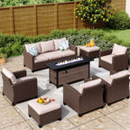 Ensemble de salon de jardin 7/9 places en rotin et osier avec canapé sectionnel à dossier haut et table pour foyer