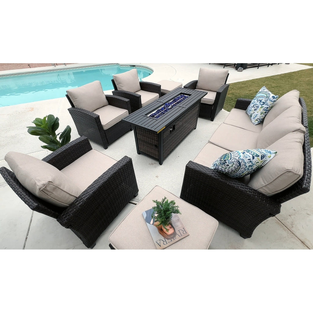 Ensemble de salon de jardin 7/9 places en rotin et osier avec canapé sectionnel à dossier haut et table pour foyer
