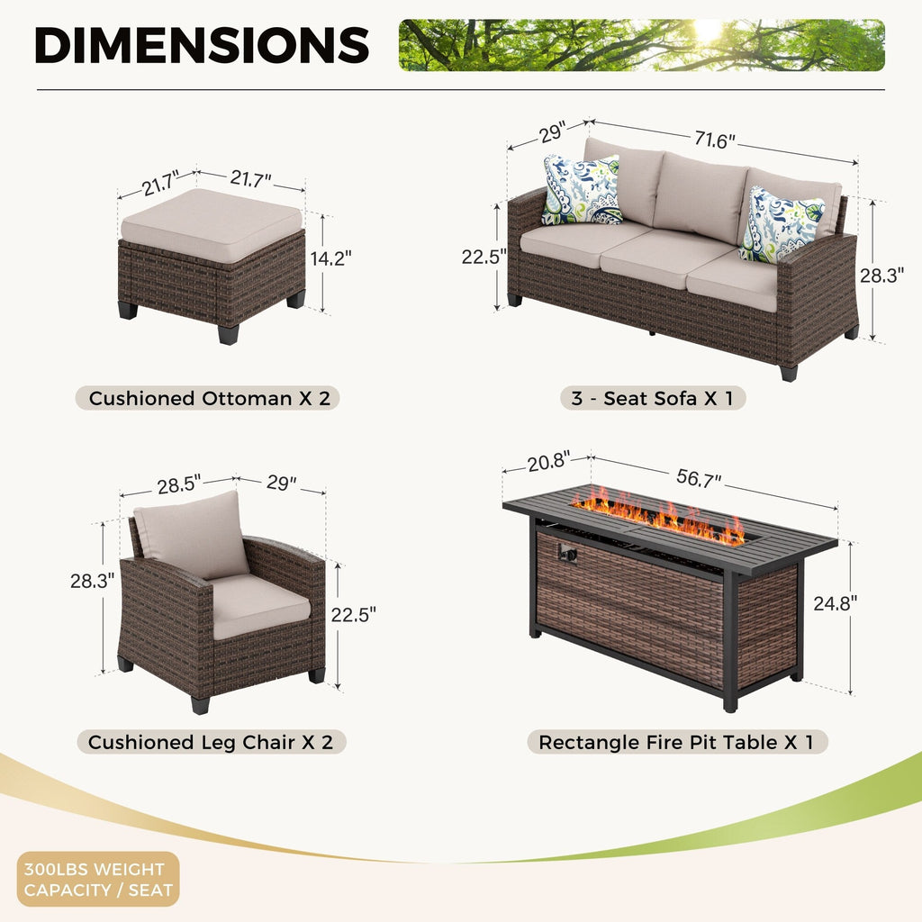 Ensemble de salon de jardin 7/9 places en rotin et osier avec canapé sectionnel à dossier haut et table pour foyer