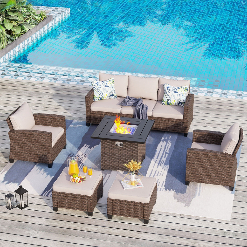 Ensemble de salon de jardin 7/9 places en rotin et osier avec canapé sectionnel à dossier haut et table pour foyer