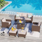 Ensemble de salon de jardin 7/9 places en rotin et osier avec canapé sectionnel à dossier haut et table pour foyer