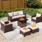 Ensemble de salon de jardin 7/9 places en rotin et osier avec canapé sectionnel à dossier haut et table pour foyer