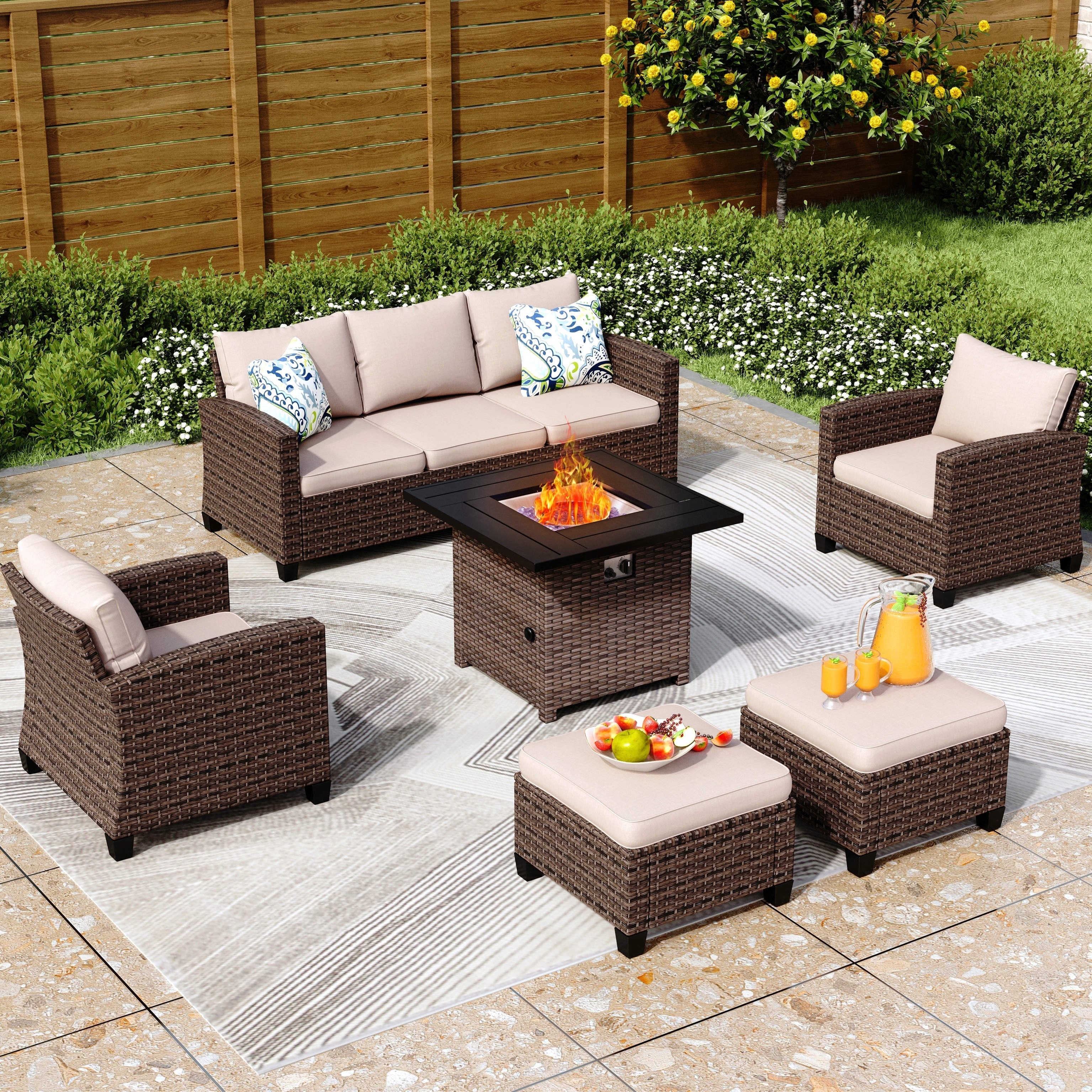 Ensemble de salon de jardin 7/9 places en rotin et osier avec canapé sectionnel à dossier haut et table pour foyer