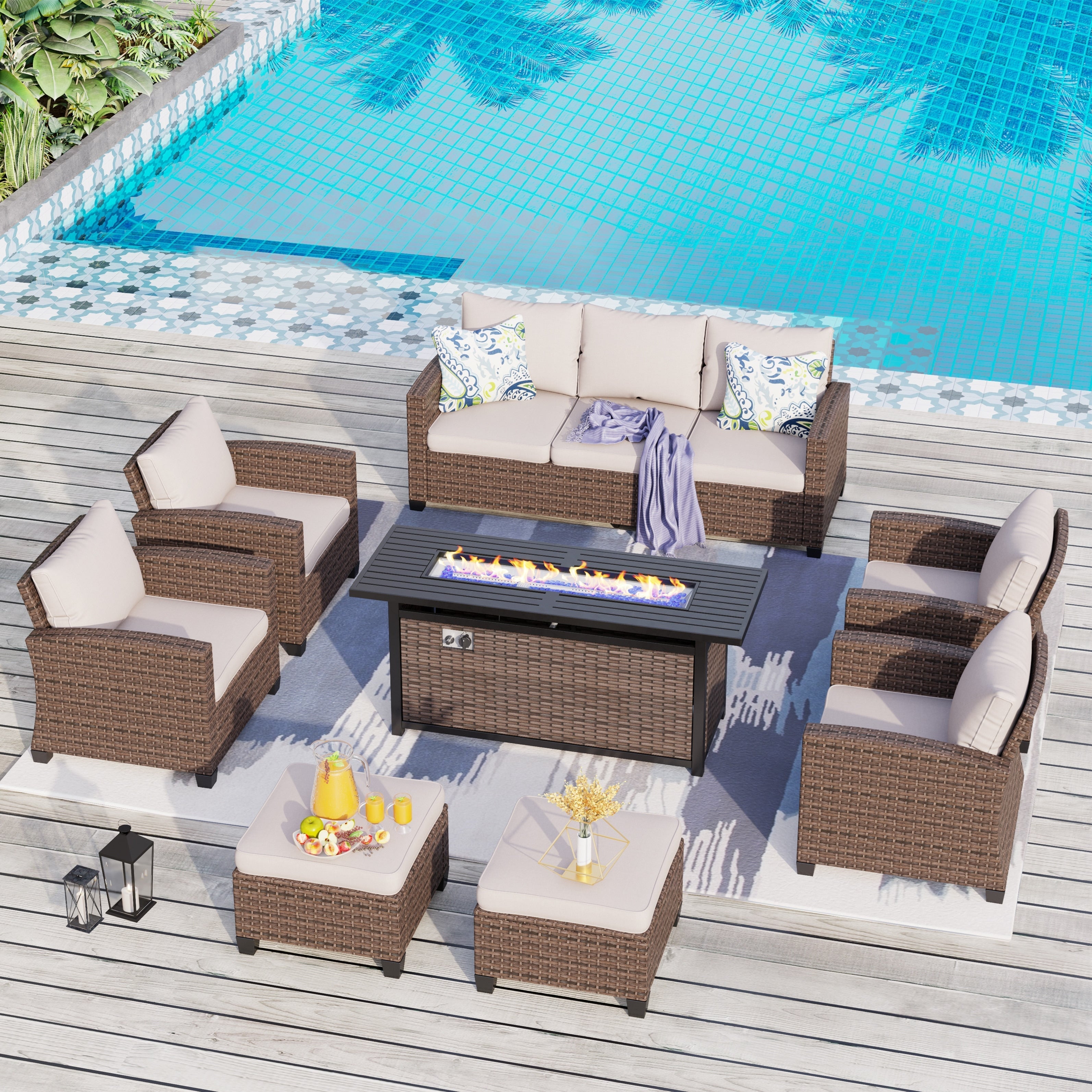 Ensemble de salon de jardin 7/9 places en rotin et osier avec canapé sectionnel à dossier haut et table pour foyer