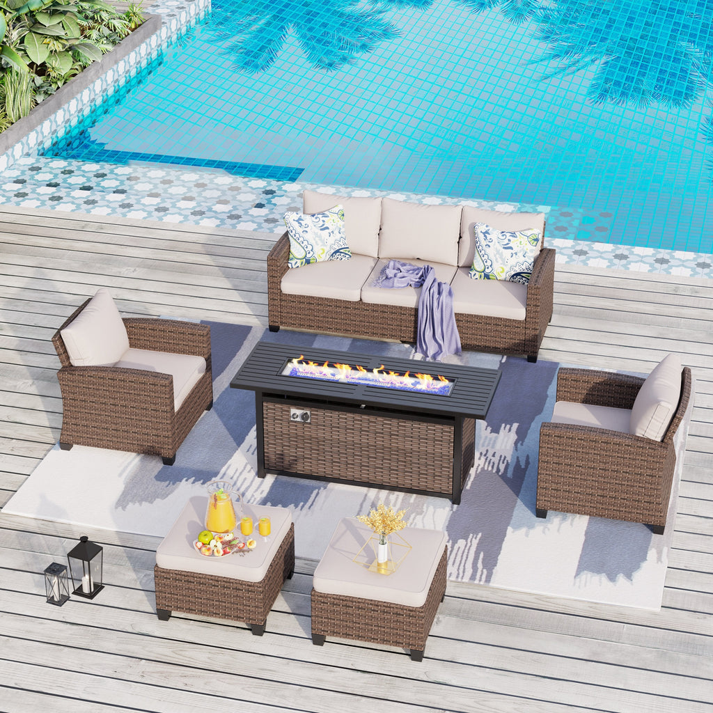 Ensemble de salon de jardin 7/9 places en rotin et osier avec canapé sectionnel à dossier haut et table pour foyer