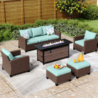 Ensemble de salon de jardin 7/9 places en rotin et osier avec canapé sectionnel à dossier haut et table pour foyer