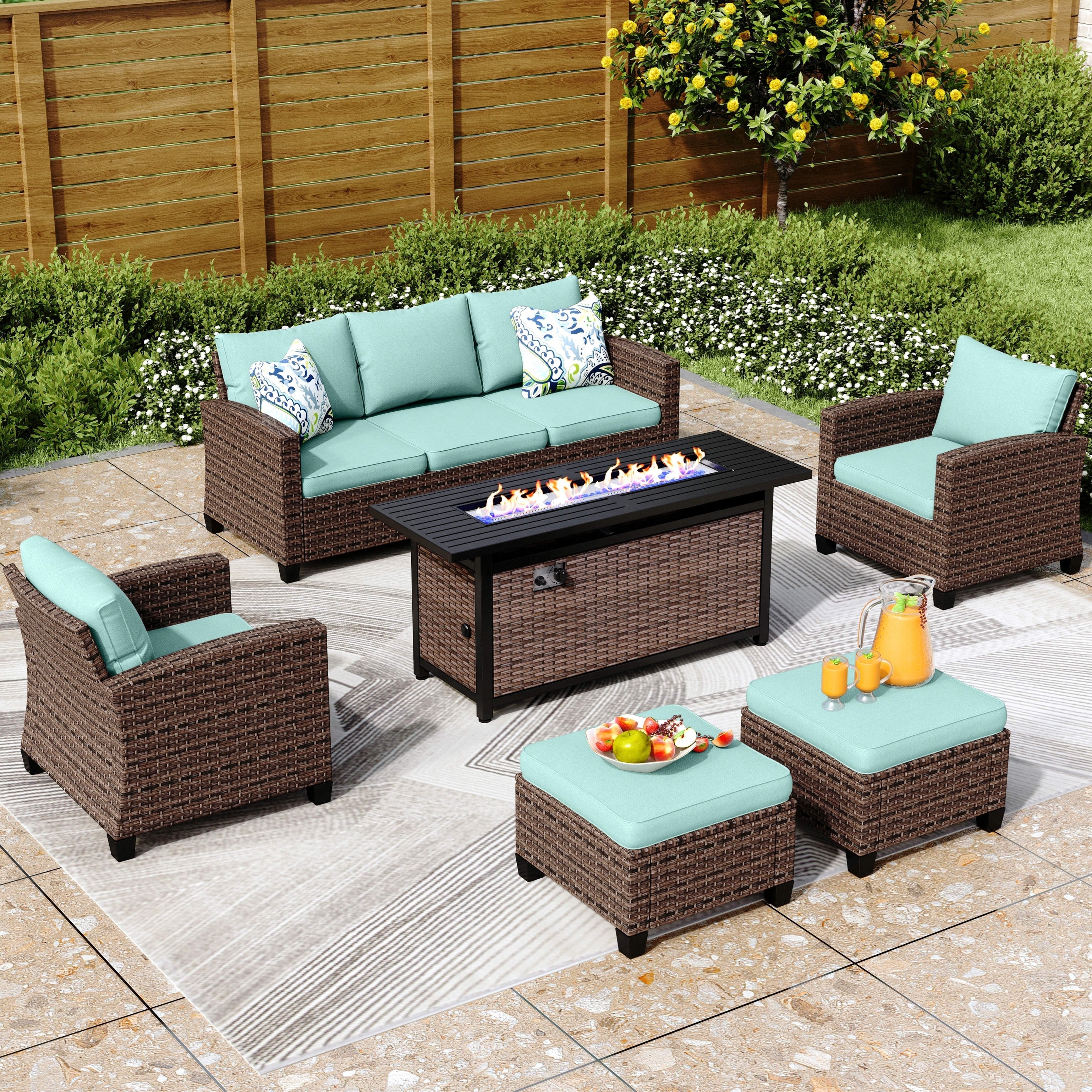 Ensemble de salon de jardin 7/9 places en rotin et osier avec canapé sectionnel à dossier haut et table pour foyer