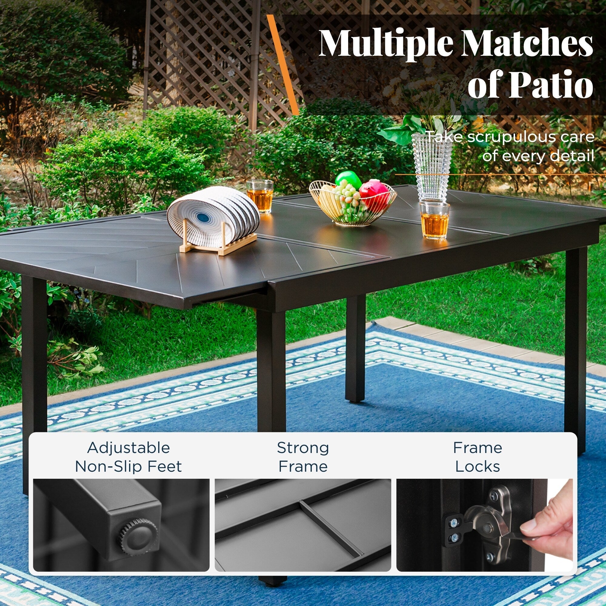 Ensemble de salle à manger de patio 7/9 pièces, table à manger rectangulaire extensible pour l'extérieur avec chaises à bascule à ressorts en C