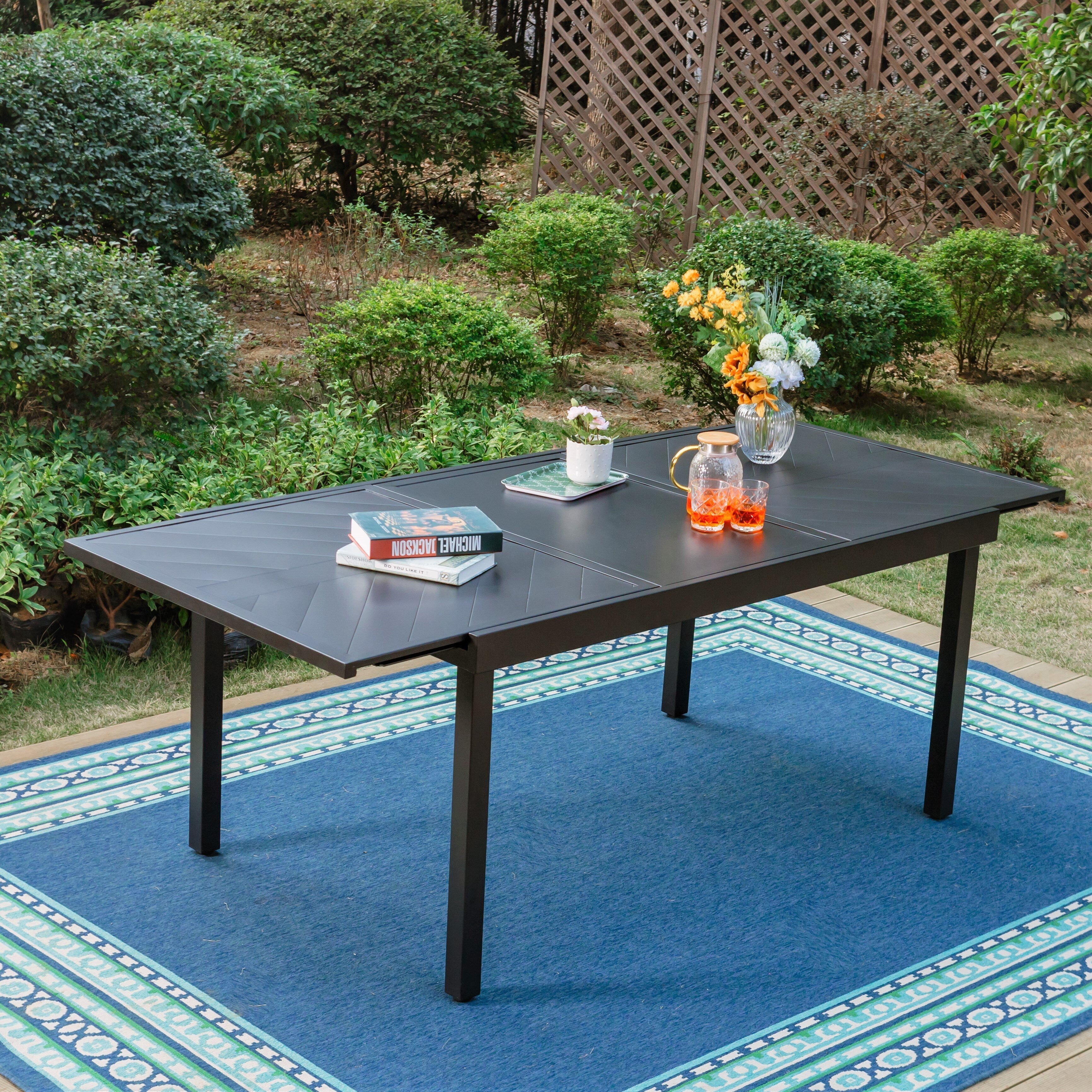 Ensemble de salle à manger de patio 7/9 pièces, table à manger rectangulaire extensible pour l'extérieur avec chaises à bascule à ressorts en C