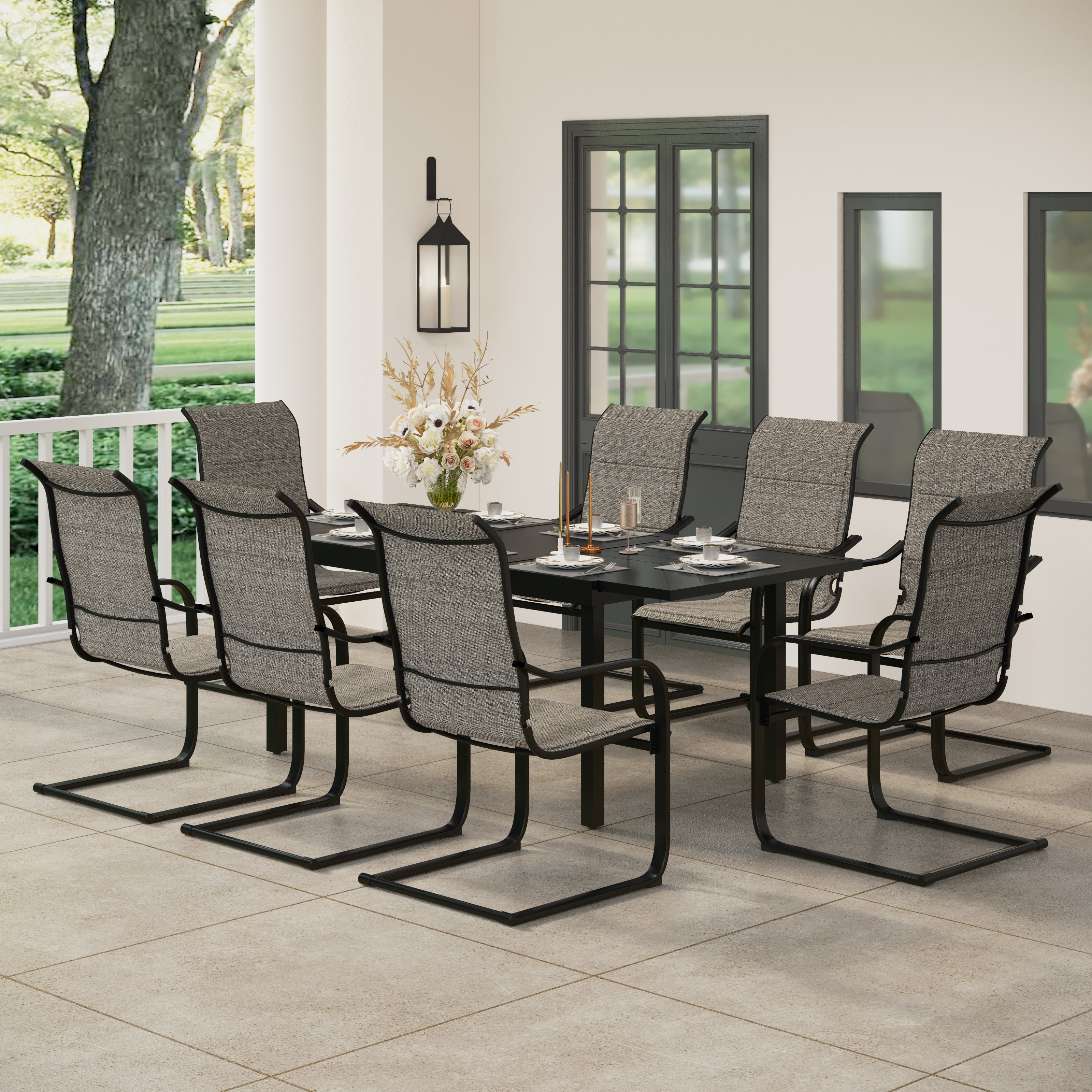 Ensemble de salle à manger de patio 7/9 pièces, table à manger rectangulaire extensible pour l'extérieur avec chaises à bascule à ressorts en C