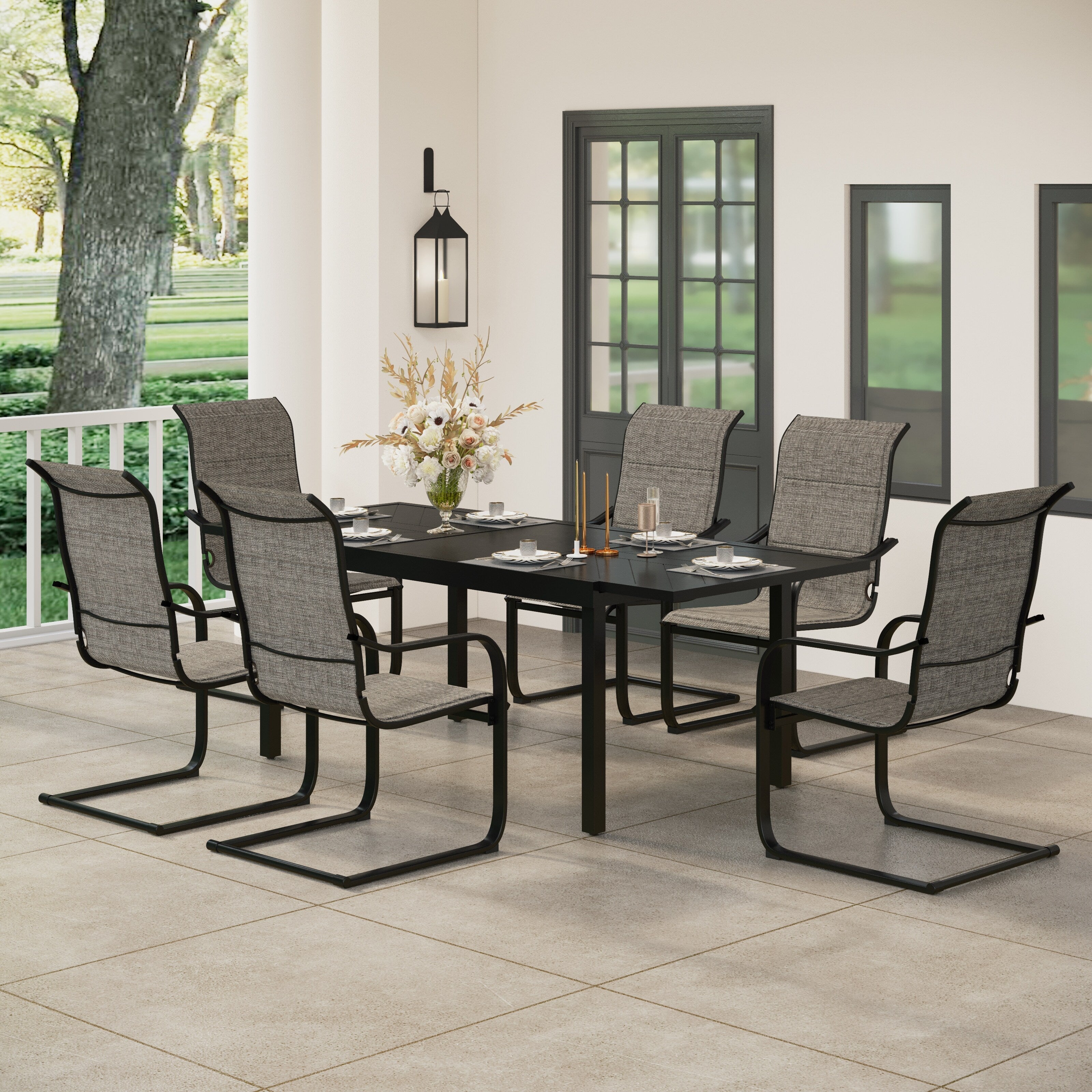 Ensemble de salle à manger de patio 7/9 pièces, table à manger rectangulaire extensible pour l'extérieur avec chaises à bascule à ressorts en C