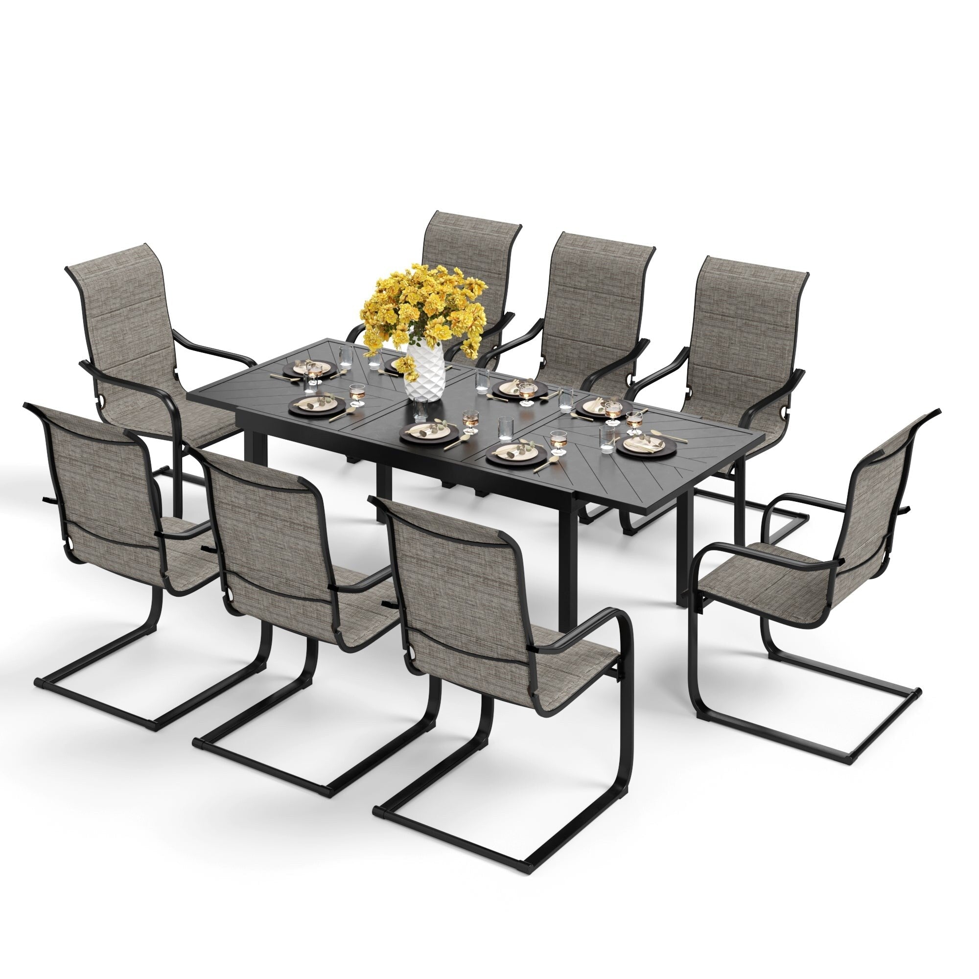 Ensemble de salle à manger de patio 7/9 pièces, table à manger rectangulaire extensible pour l'extérieur avec chaises à bascule à ressorts en C