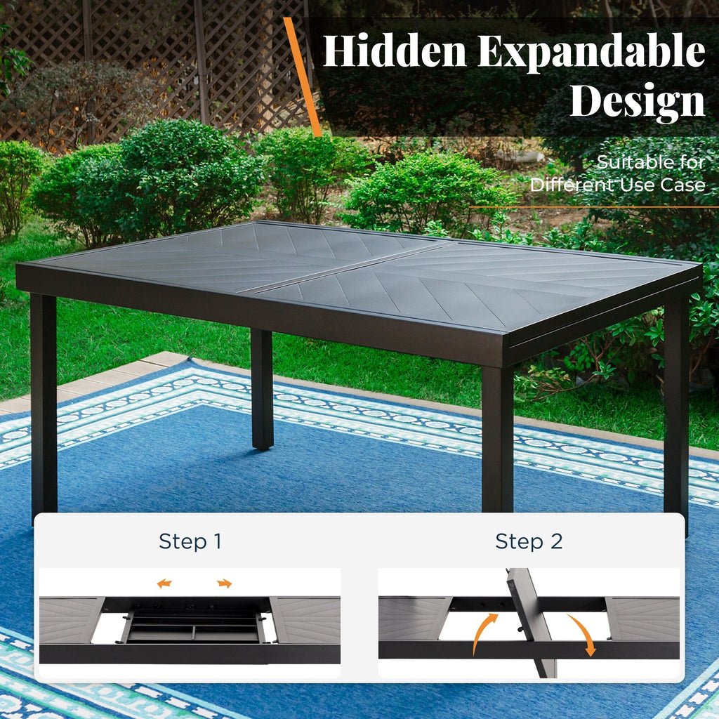 Ensemble de salle à manger de patio 7/9 pièces, table à manger rectangulaire extensible pour l'extérieur avec chaises à bascule à ressorts en C
