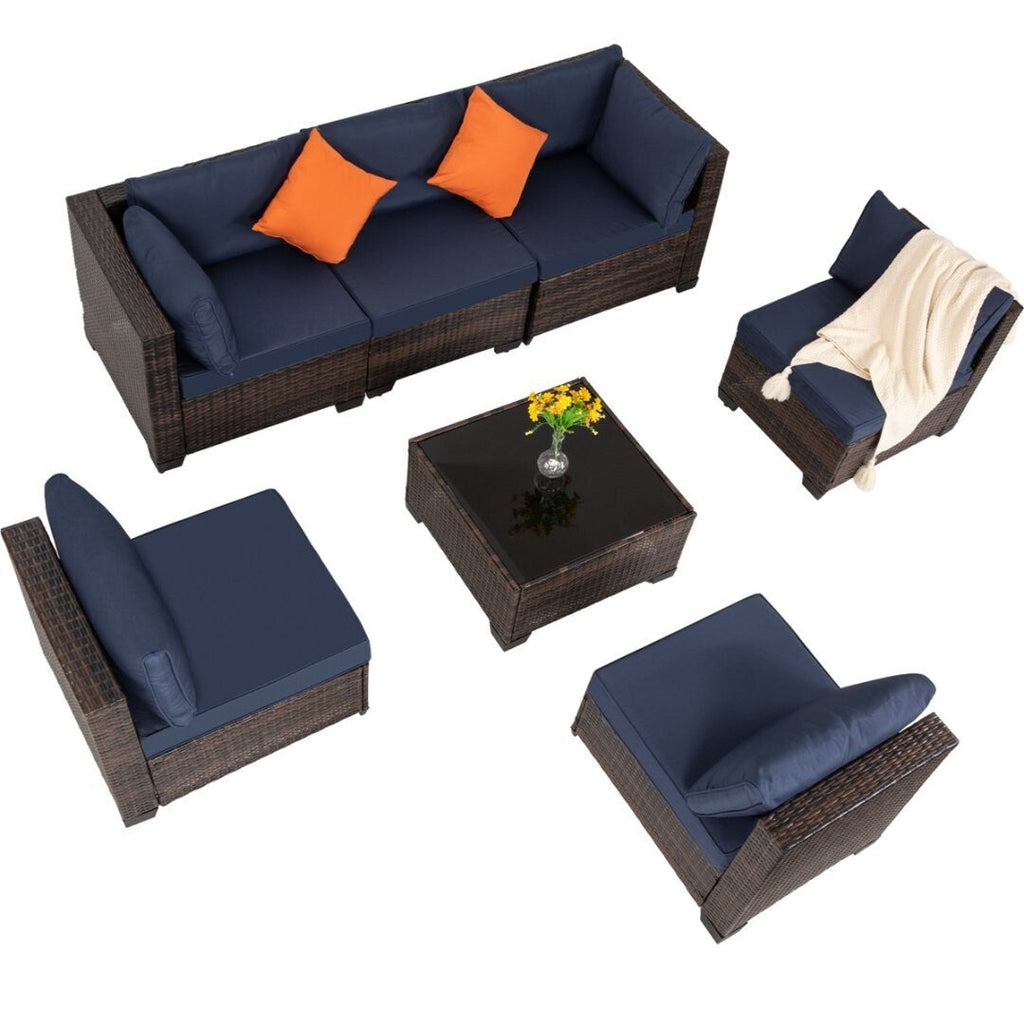 Ensemble de conversation de patio en osier 7 pièces avec table basse et coussins