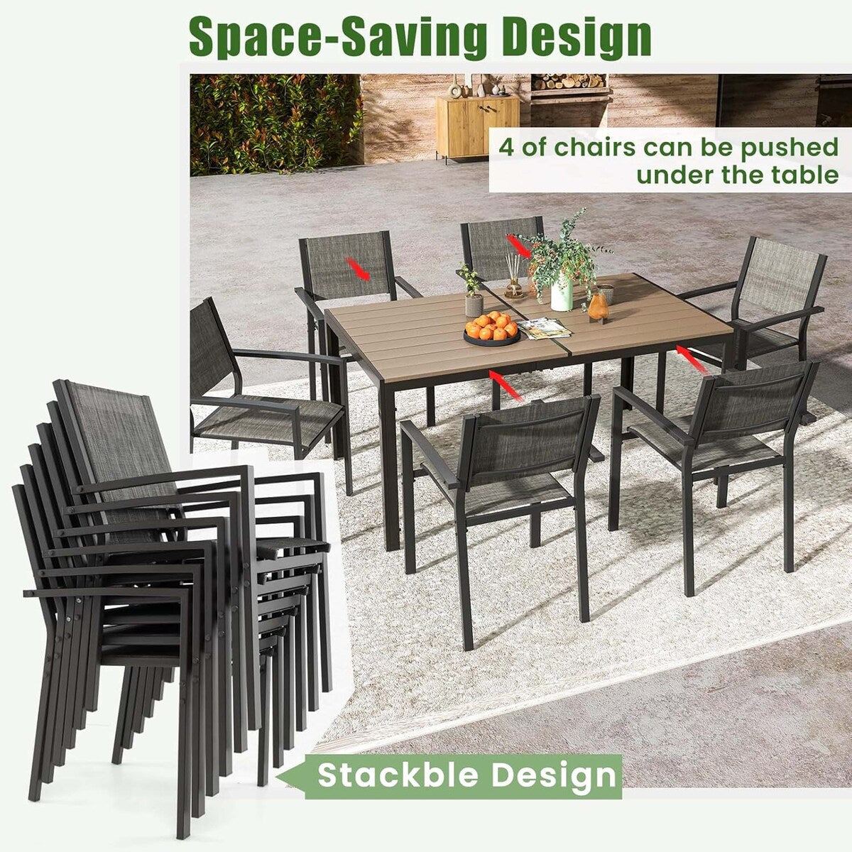 Ensemble de salle à manger d'extérieur 7 pièces avec table rectangulaire et 6 chaises empilables
