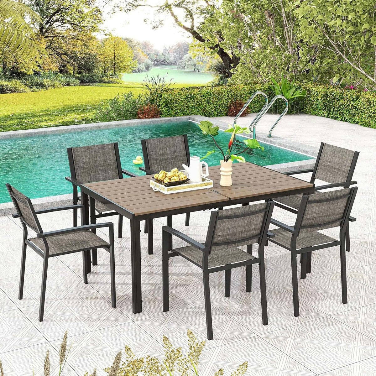 Ensemble de salle à manger d'extérieur 7 pièces avec table rectangulaire et 6 chaises empilables