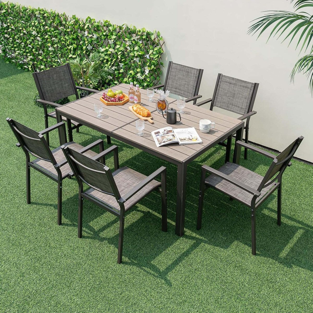 Ensemble de salle à manger d'extérieur 7 pièces avec table rectangulaire et 6 chaises empilables