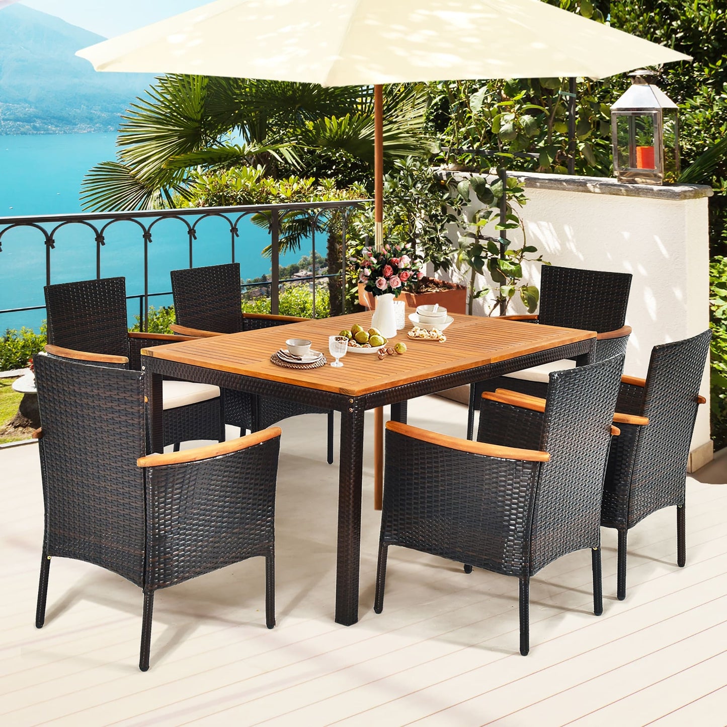 Ensemble de salle à manger de patio 7 pièces en rotin avec trou pour parasol