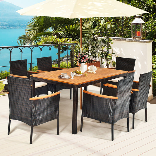 Ensemble de salle à manger de patio 7 pièces en rotin avec trou pour parasol