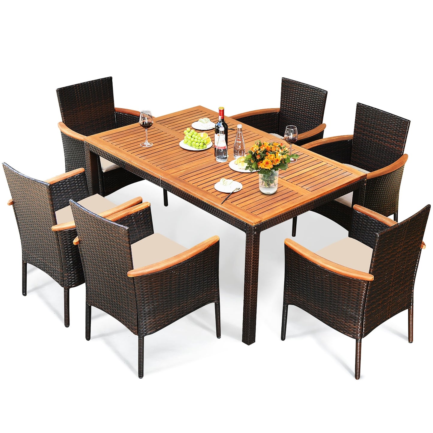 Ensemble de salle à manger de patio 7 pièces en rotin avec trou pour parasol