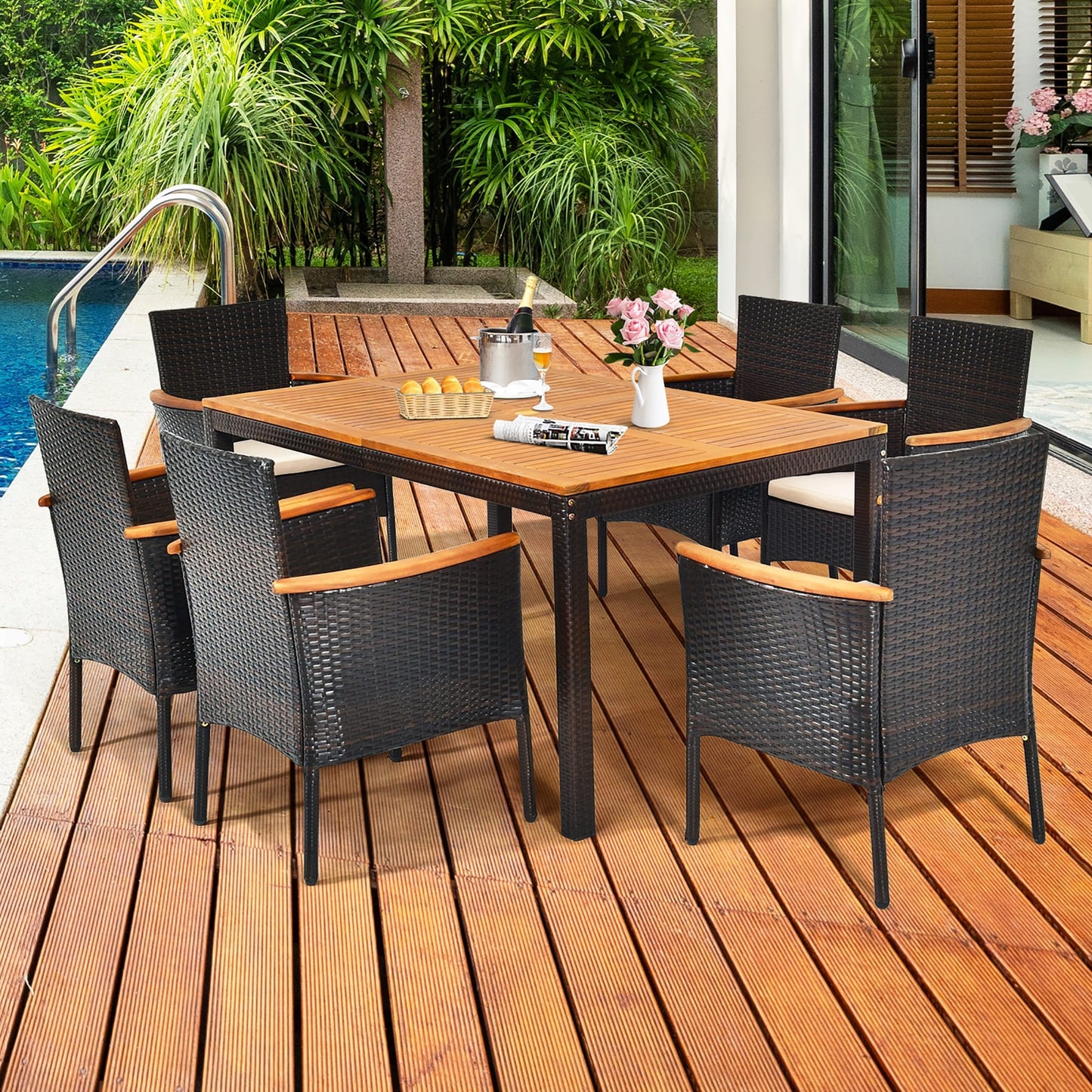 Ensemble de salle à manger de patio 7 pièces en rotin avec trou pour parasol