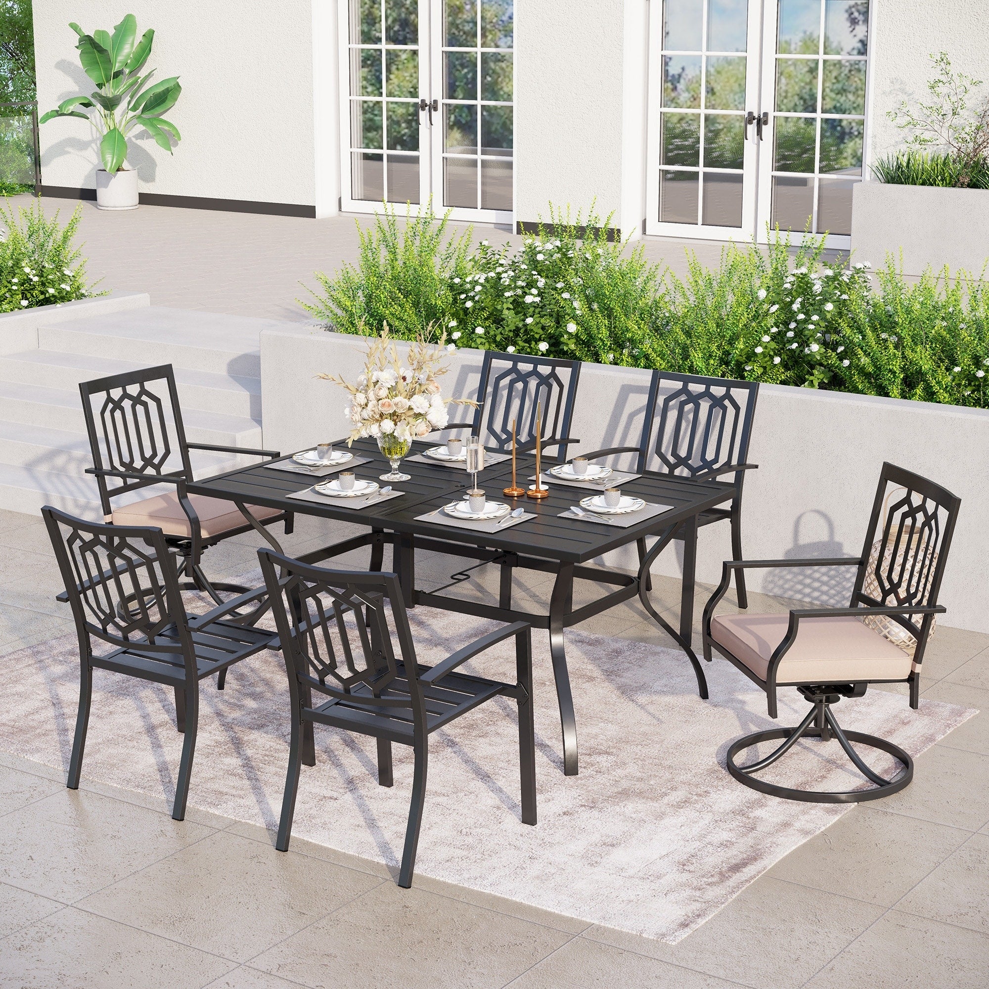 Ensemble de salle à manger d'extérieur MAISON ARTS 7 pièces, chaises de salle à manger combinées en acier avec coussin et table parasol pour 6 personnes