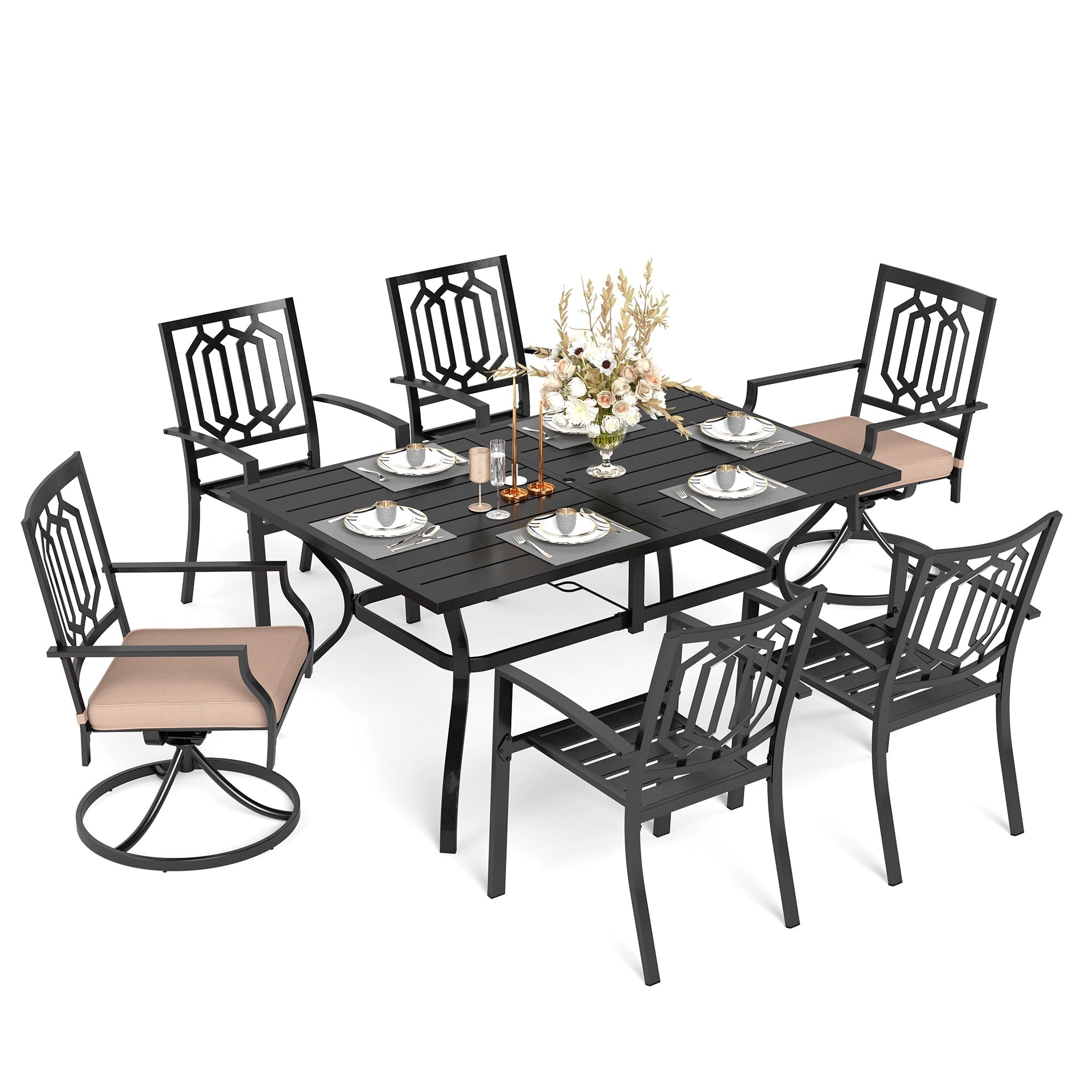 Ensemble de salle à manger d'extérieur MAISON ARTS 7 pièces, chaises de salle à manger combinées en acier avec coussin et table parasol pour 6 personnes