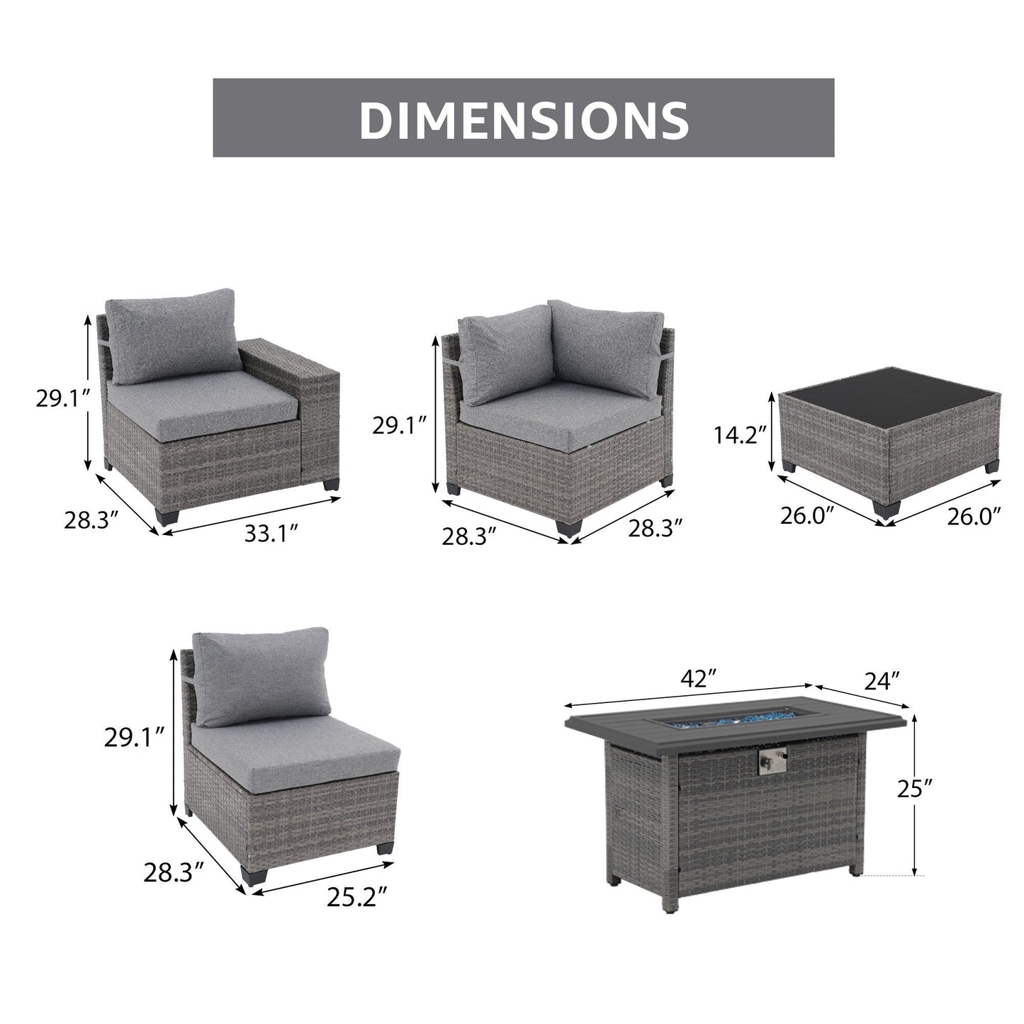 Ensemble de salon de jardin en osier 7 pièces pour 5 personnes avec coussins imperméables et table de foyer