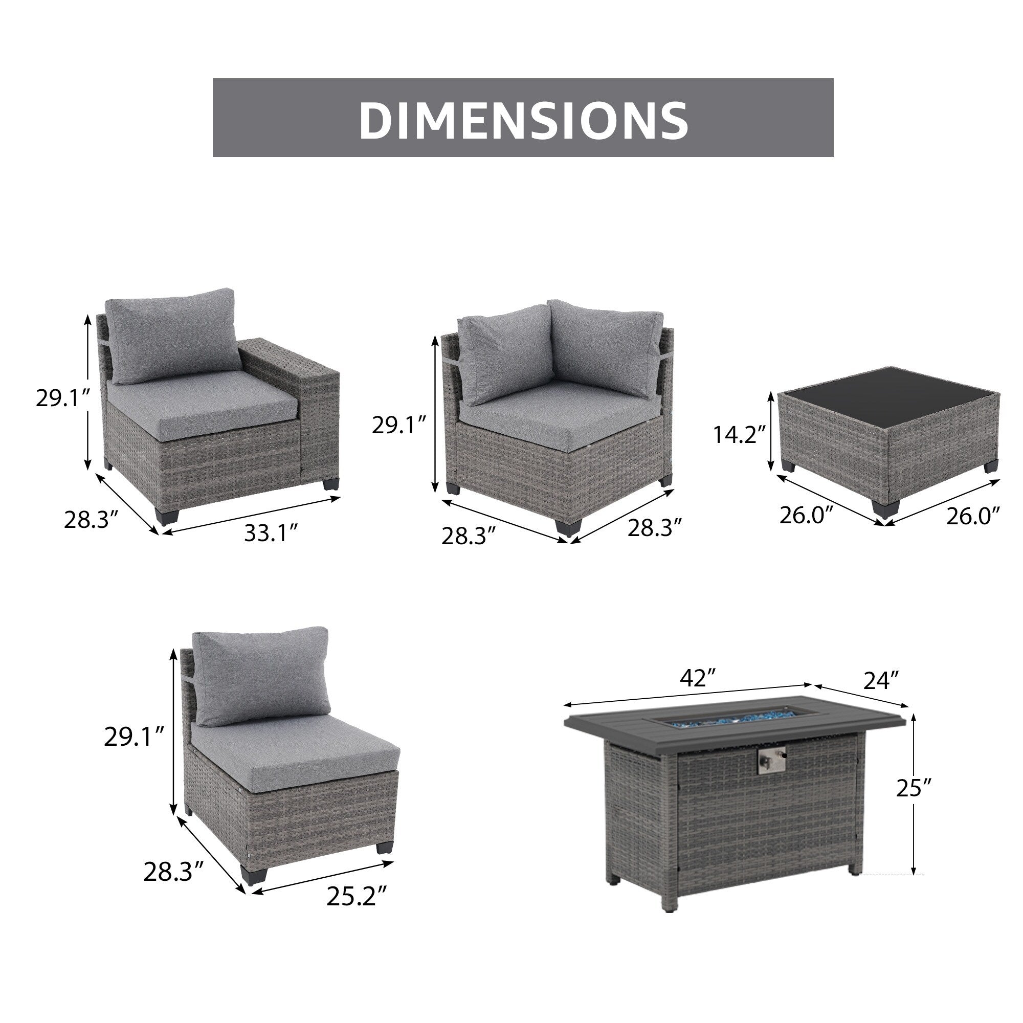 Ensemble de salon de jardin en osier 7 pièces pour 5 personnes avec coussins imperméables et table de foyer