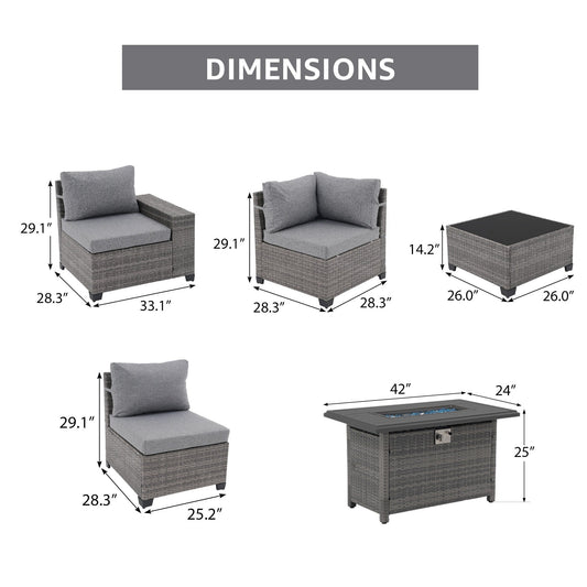 Ensemble de salon de jardin en osier 7 pièces pour 5 personnes avec coussins imperméables et table de foyer