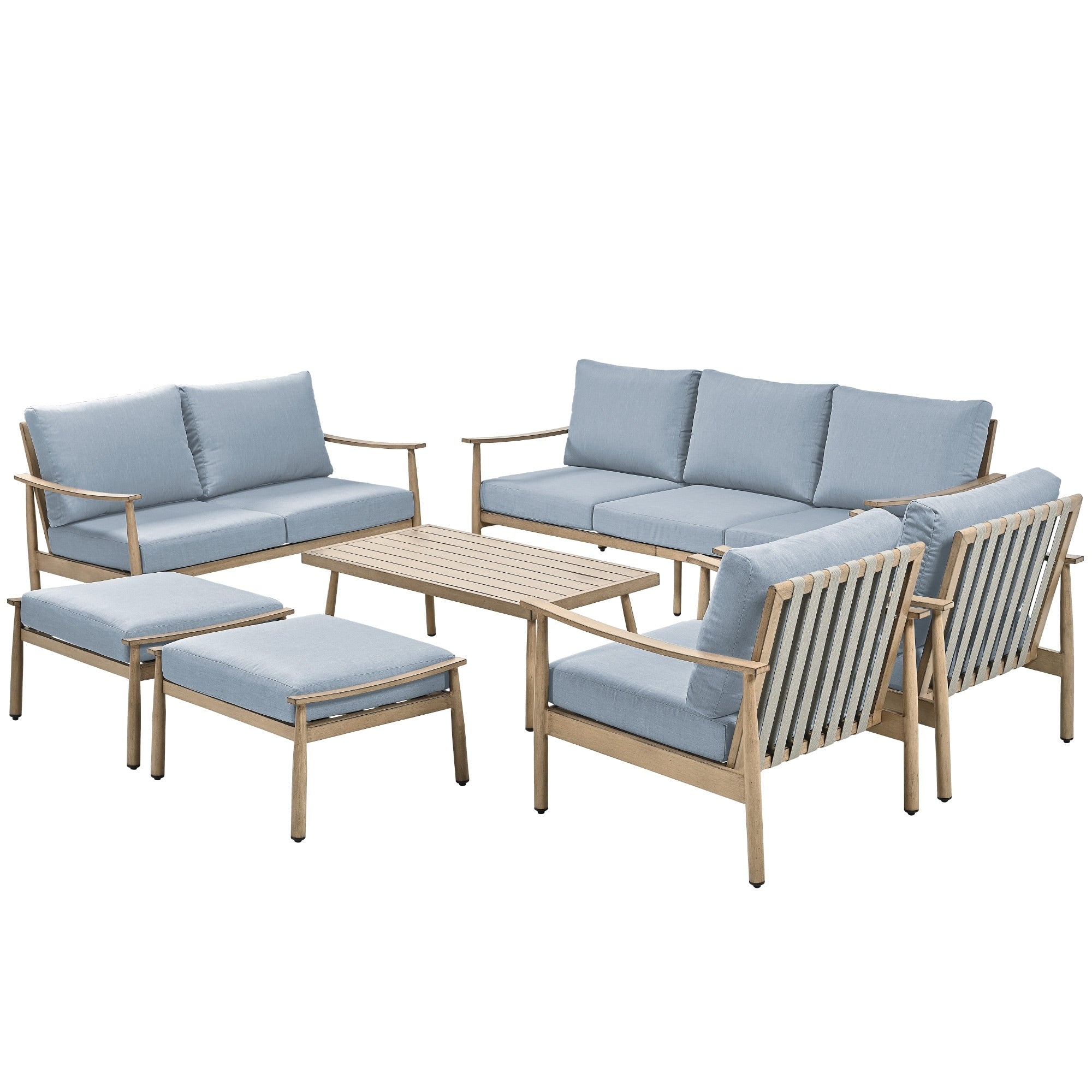 Ensemble de salon de jardin en aluminium 7 pièces, canapé d'extérieur 3 places et causeuse avec poufs et table basse
