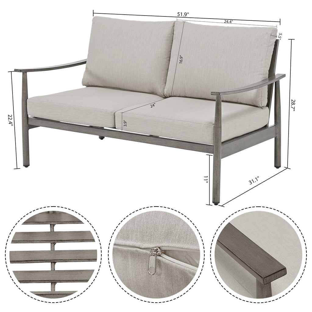 Ensemble de salon de jardin en aluminium 7 pièces, canapé d'extérieur 3 places et causeuse avec poufs et table basse
