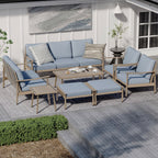 Ensemble de salon de jardin en aluminium 7 pièces, canapé d'extérieur 3 places et causeuse avec poufs et table basse