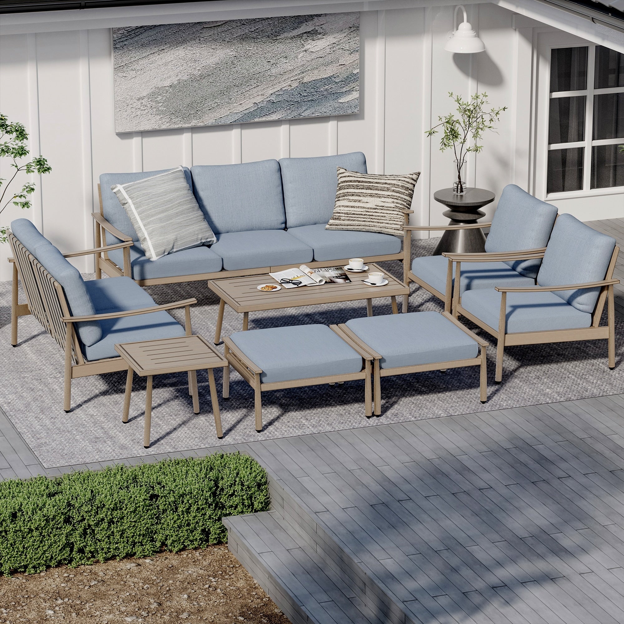Ensemble de salon de jardin en aluminium 7 pièces, canapé d'extérieur 3 places et causeuse avec poufs et table basse