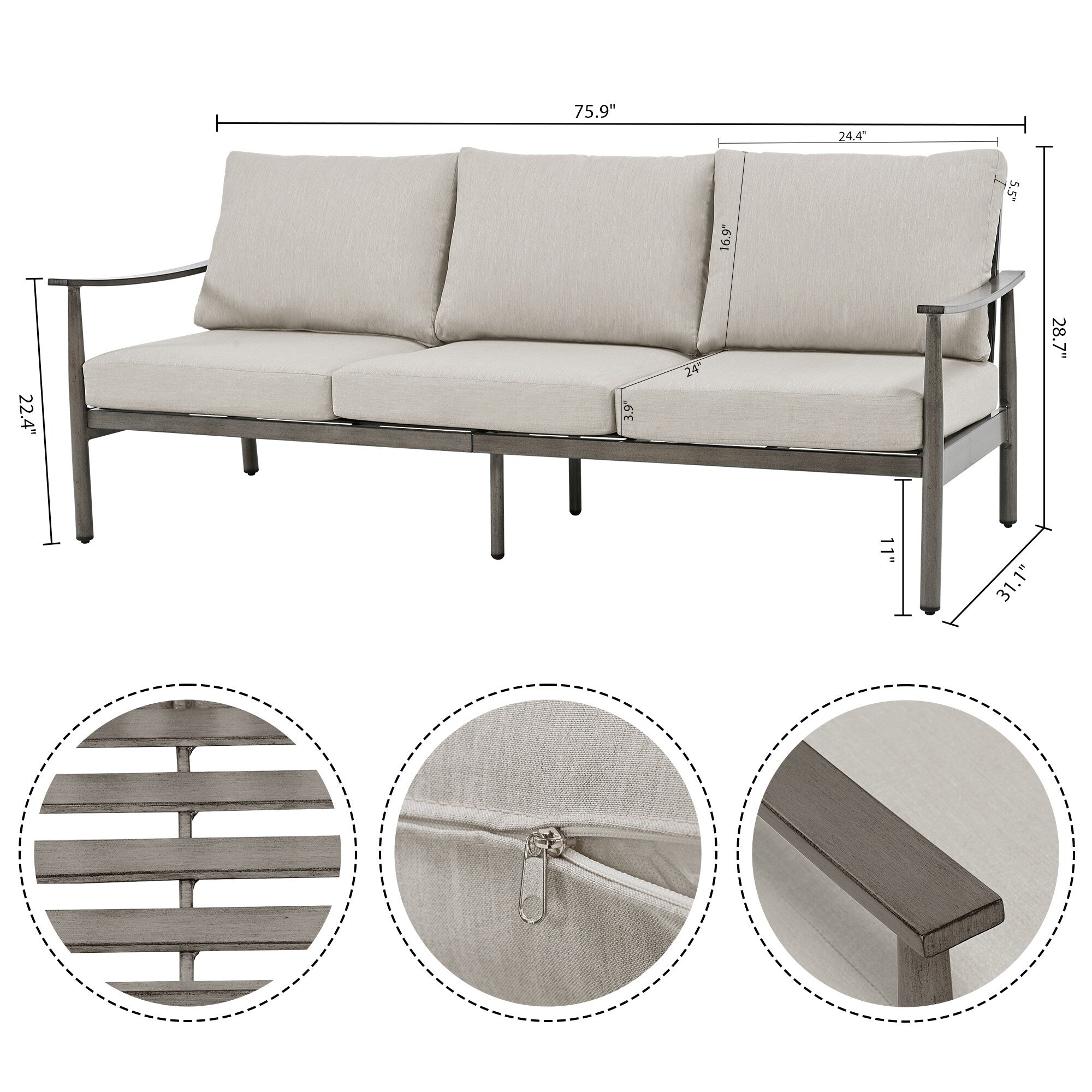 Ensemble de salon de jardin en aluminium 7 pièces, canapé d'extérieur 3 places et causeuse avec poufs et table basse