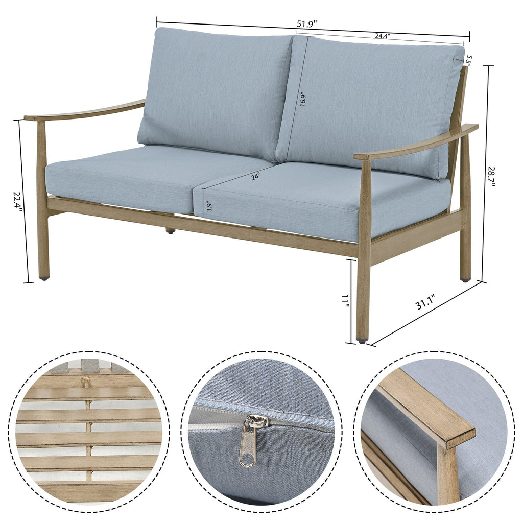 Ensemble de salon de jardin en aluminium 7 pièces, canapé d'extérieur 3 places et causeuse avec poufs et table basse