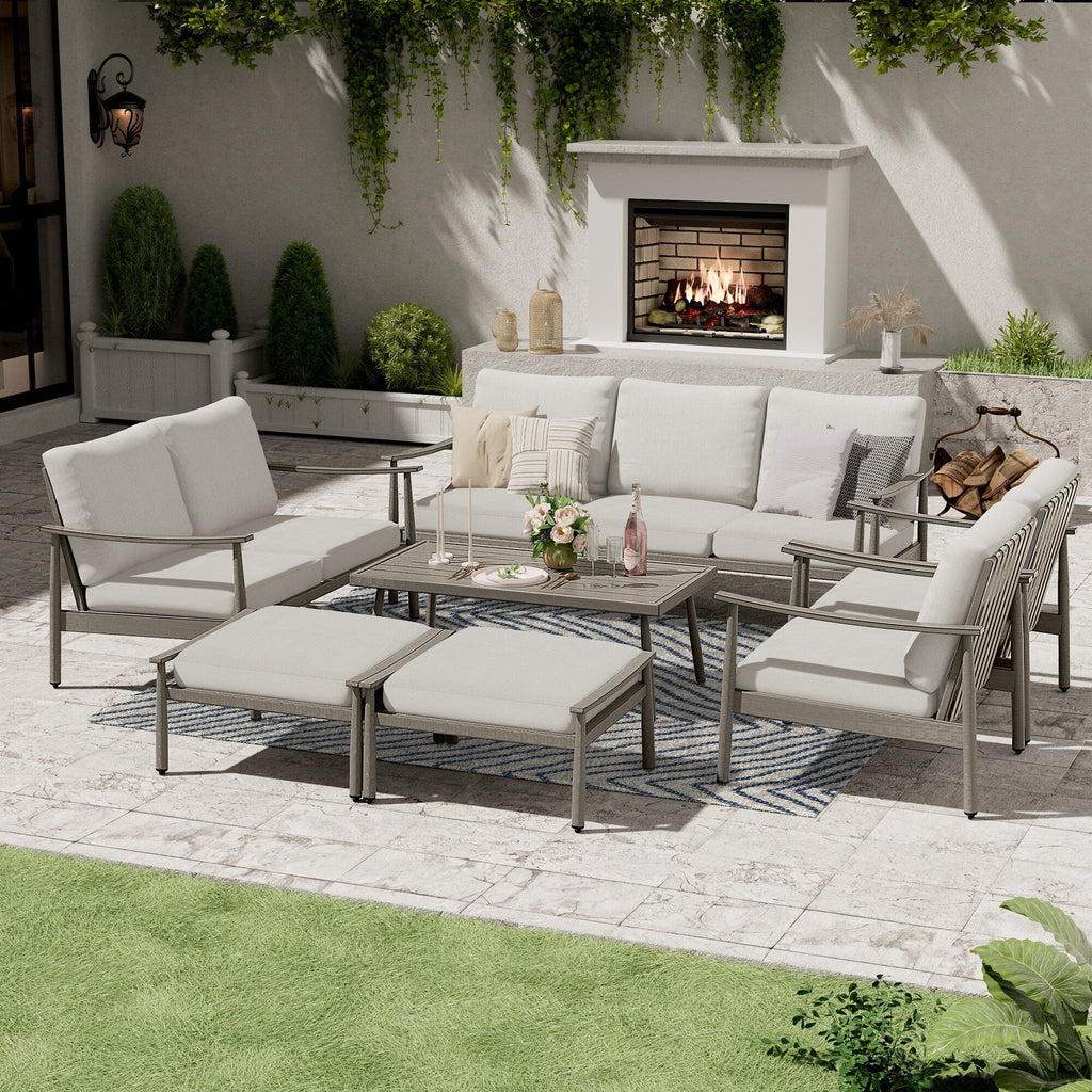 Ensemble de salon de jardin en aluminium 7 pièces, canapé d'extérieur 3 places et causeuse avec poufs et table basse