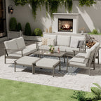 Ensemble de salon de jardin en aluminium 7 pièces, canapé d'extérieur 3 places et causeuse avec poufs et table basse