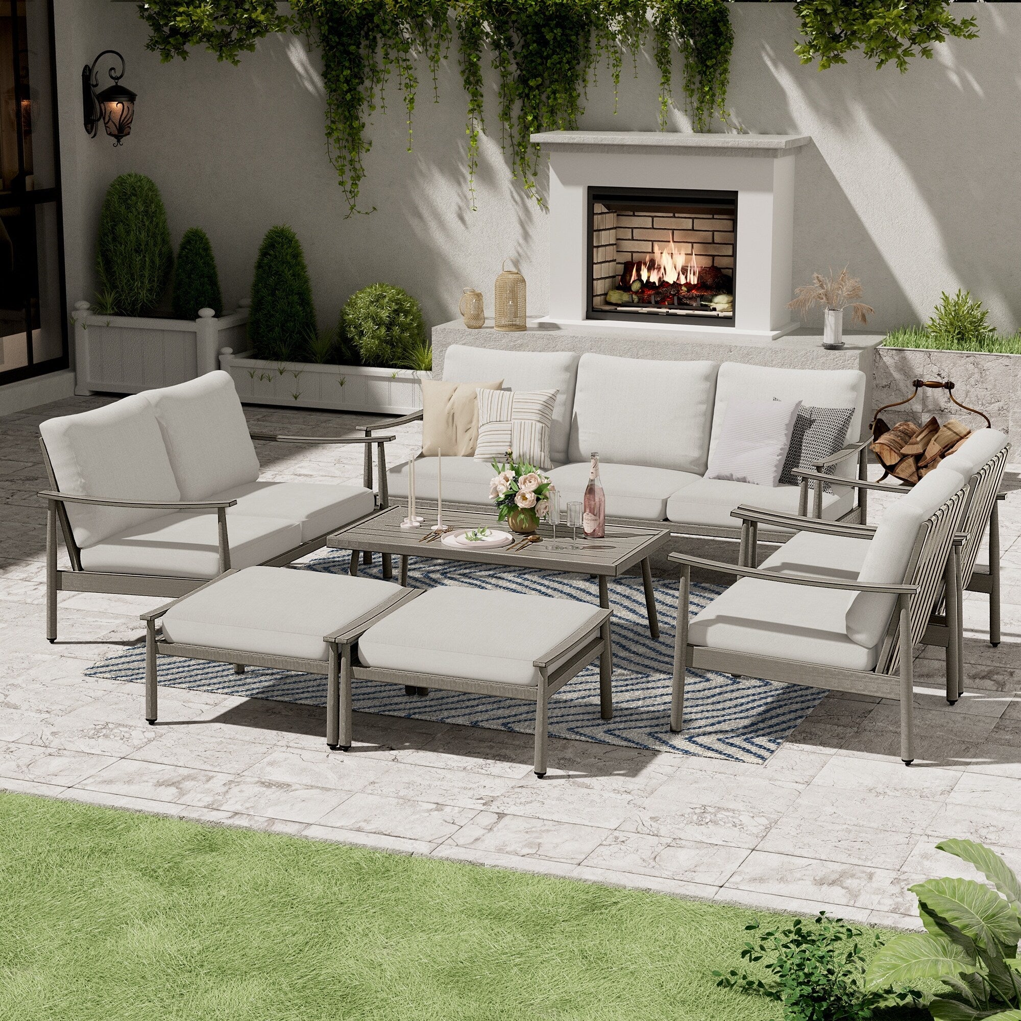 Ensemble de salon de jardin en aluminium 7 pièces, canapé d'extérieur 3 places et causeuse avec poufs et table basse