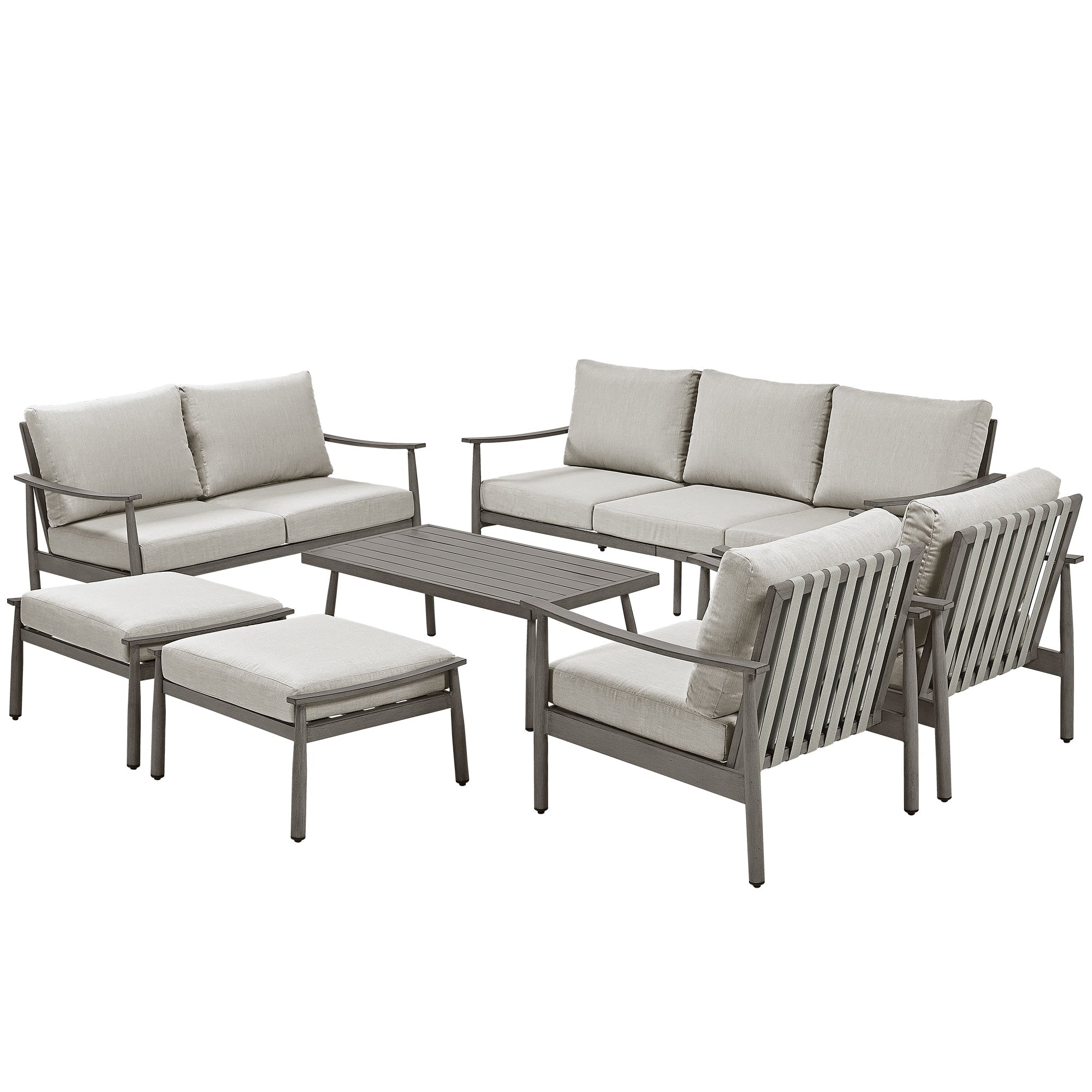 Ensemble de salon de jardin en aluminium 7 pièces, canapé d'extérieur 3 places et causeuse avec poufs et table basse