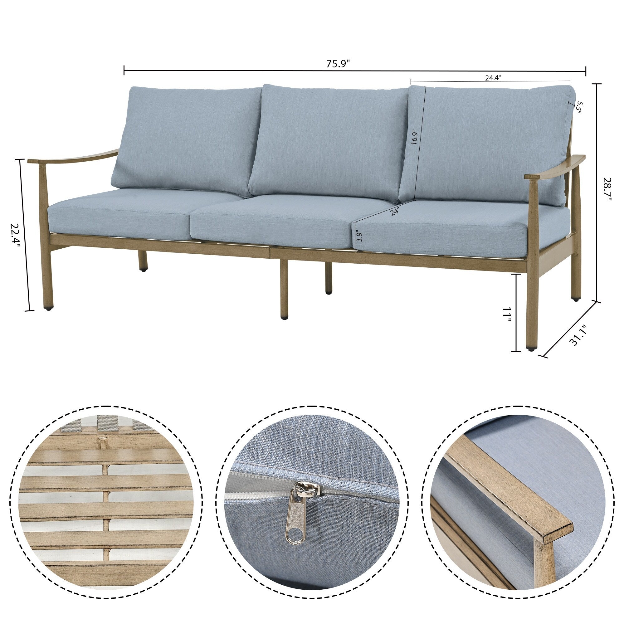 Ensemble de salon de jardin en aluminium 7 pièces, canapé d'extérieur 3 places et causeuse avec poufs et table basse
