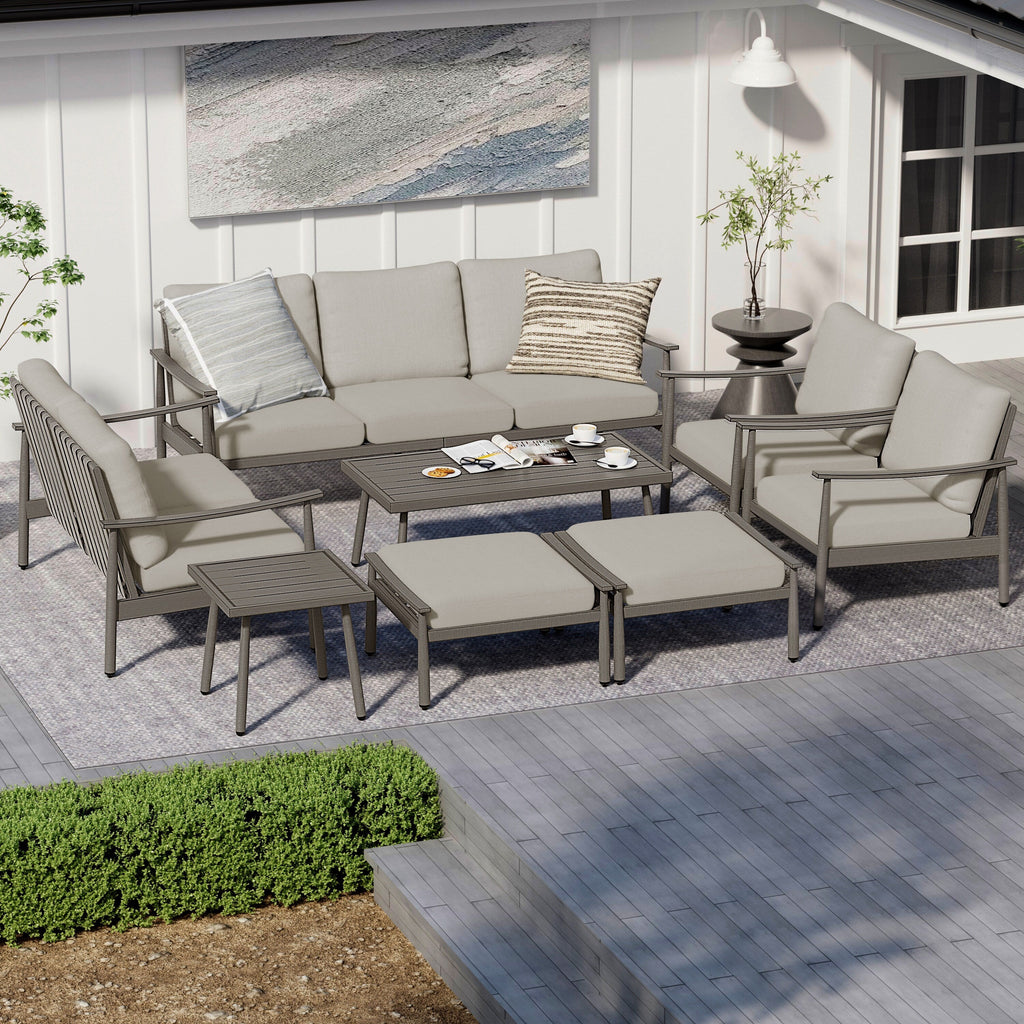Ensemble de salon de jardin en aluminium 7 pièces, canapé d'extérieur 3 places et causeuse avec poufs et table basse