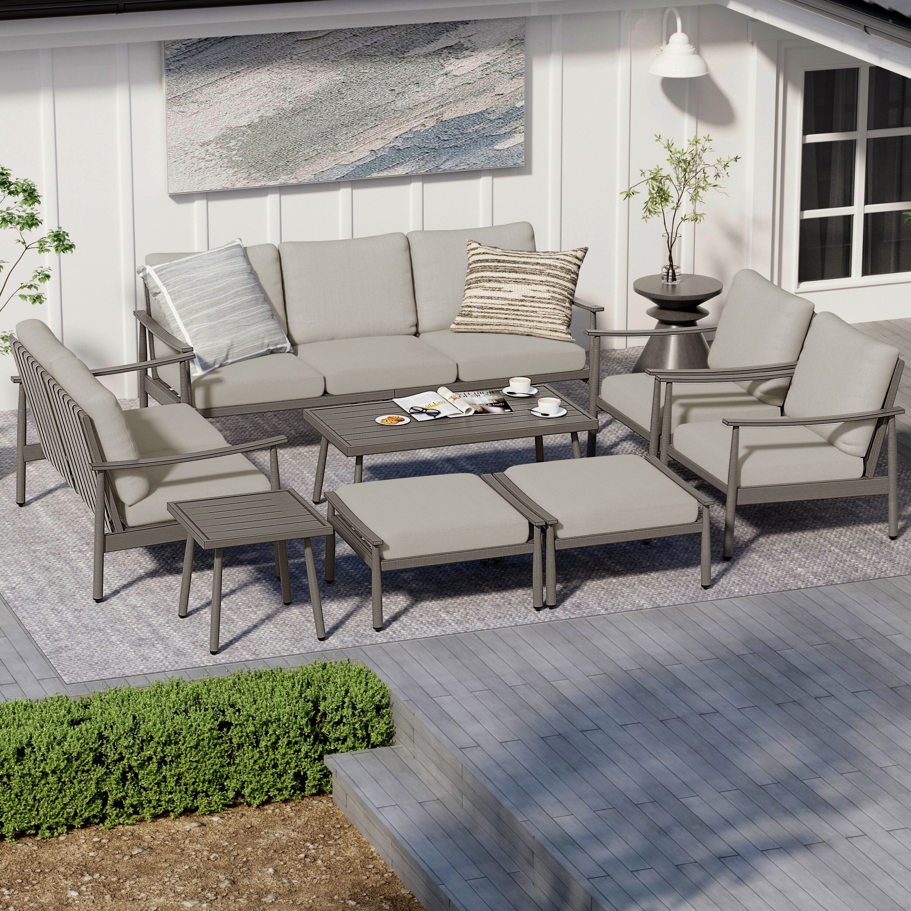 Ensemble de salon de jardin en aluminium 7 pièces, canapé d'extérieur 3 places et causeuse avec poufs et table basse
