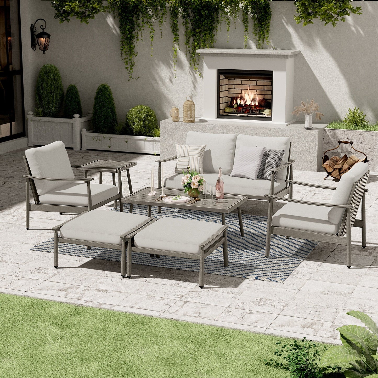 Ensemble de conversation de patio en aluminium 7 pièces, causeuse avec poufs et table basse