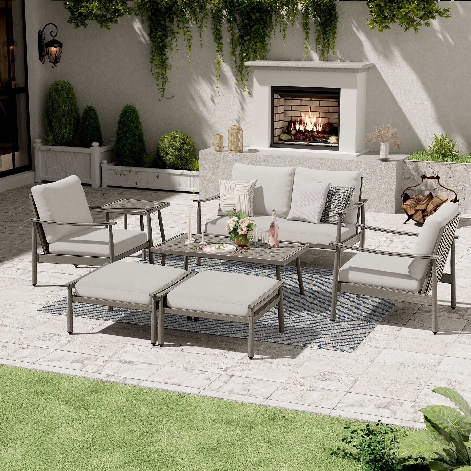 Ensemble de conversation de patio en aluminium 7 pièces, causeuse avec poufs et table basse