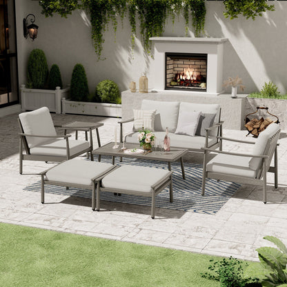 Ensemble de conversation de patio en aluminium 7 pièces, causeuse avec poufs et table basse