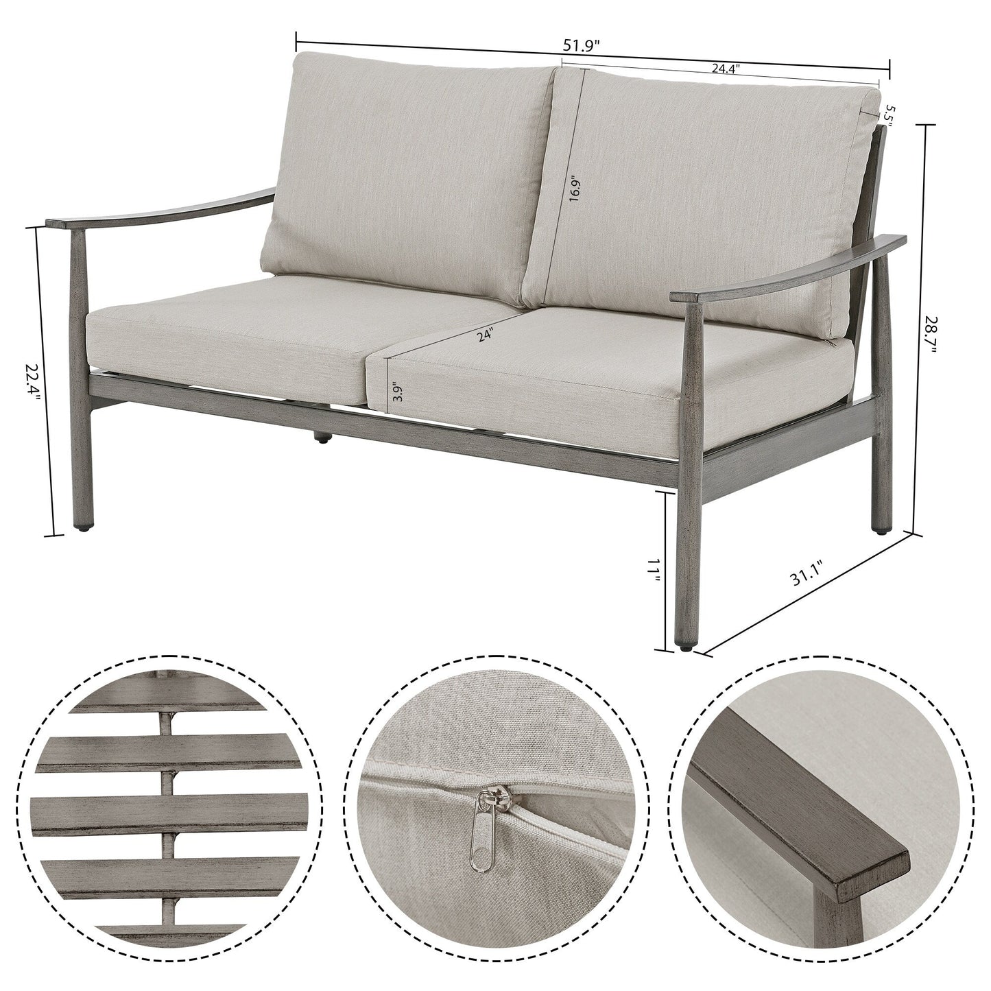 Ensemble de conversation de patio en aluminium 7 pièces, causeuse avec poufs et table basse