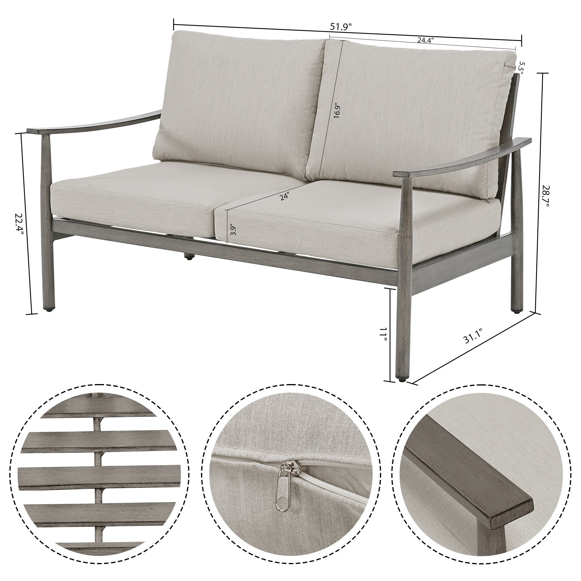 Ensemble de conversation de patio en aluminium 7 pièces, causeuse avec poufs et table basse