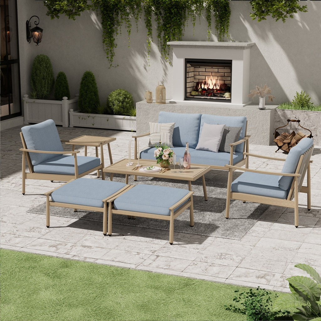 Ensemble de conversation de patio en aluminium 7 pièces, causeuse avec poufs et table basse