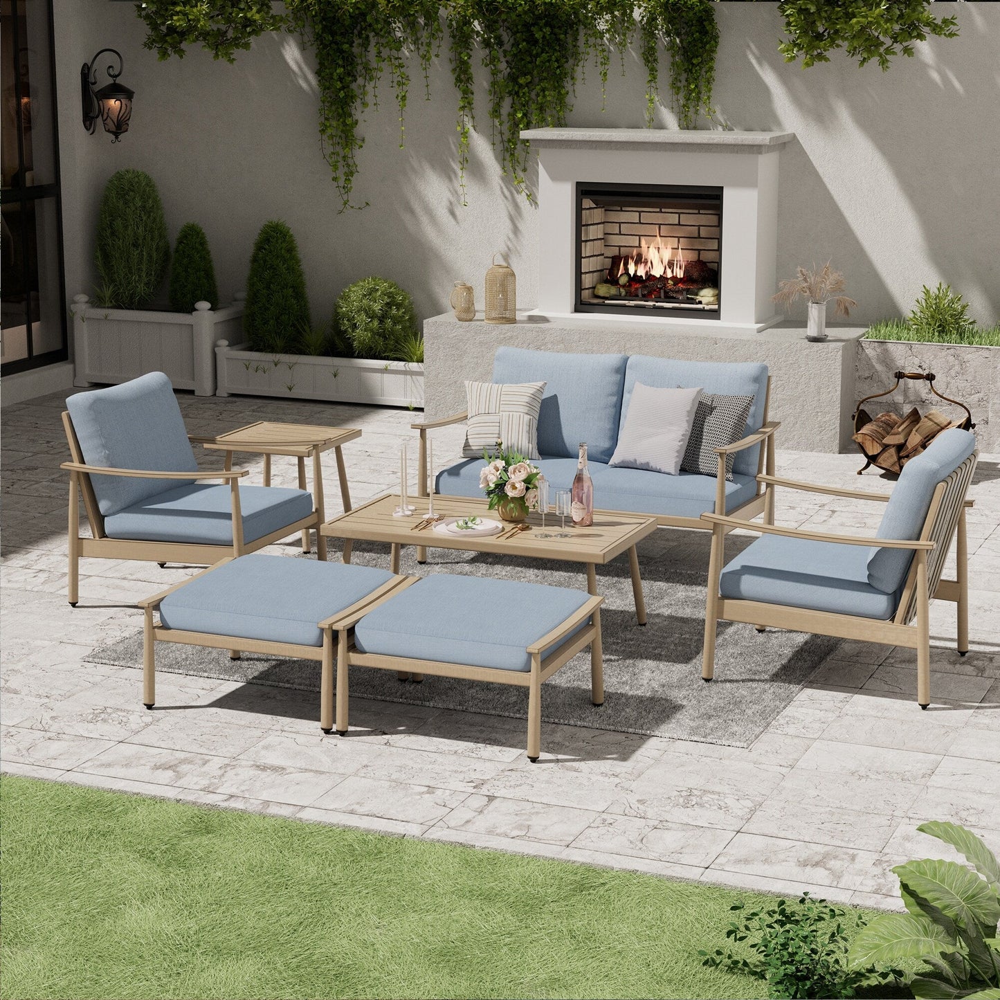 Ensemble de conversation de patio en aluminium 7 pièces, causeuse avec poufs et table basse